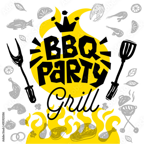 BBQ party Food poster. Barbecue template menu invitation flyer design elements spice, drinks, hand drawn elements.