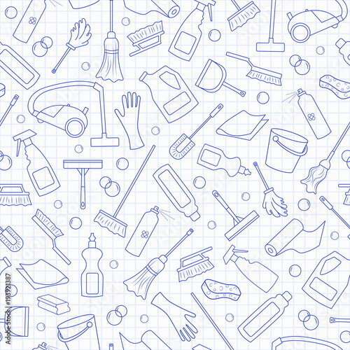 Seamless pattern on the theme of cleaning and household equipment and cleaning products, blue  contour  icons on the clean writing-book sheet in a cage
