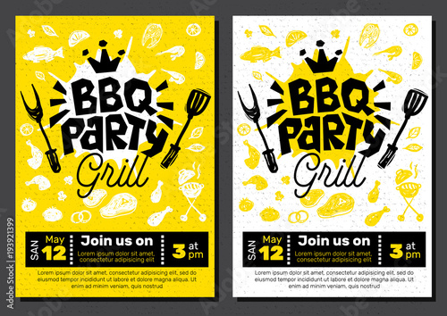 BBQ party Food poster. Barbecue template menu invitation flyer design elements spice, drinks, hand drawn elements.