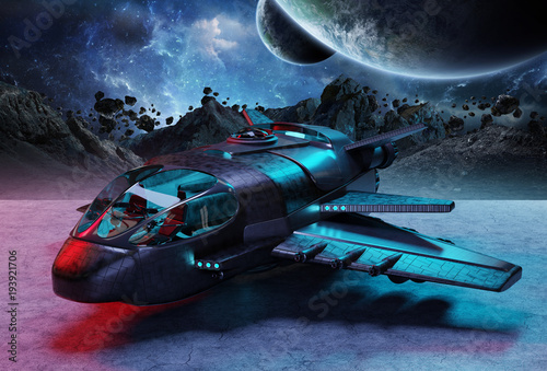 Fototapeta Naklejka Na Ścianę i Meble -  Futuristic spacecraft on planet background 3D rendering elements of this image furnished by NASA