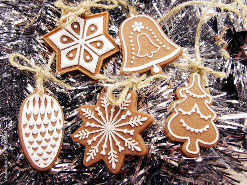christmas cookies gingerbread and decoration on wooden background
