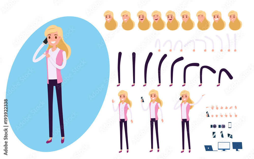 Young Businessman character creation set for animation. Set of business woman using smartphone. Parts body template. Different emotions, poses and running, walking, standing, sitting. Young Businessman character creation set for animation. Set of business woman using smartphone. Parts body template. Different emotions, poses and running, walking, standing, sitting.