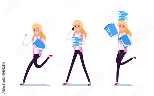 Young businessman character design. Set of business woman acting in suit working in office  Different emotions  poses and running  walking  standing  sitting.