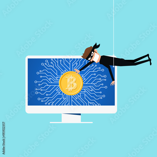 Bitcoin hacked concept of Crypto currency. Man hacking online system to get bitcoin useful for anti phishing and internet viruses campaigns. concept hacking internet social network.