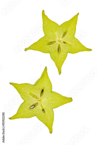Star fruit, carambola (Averrhoa carambola) sliced, isolated on white