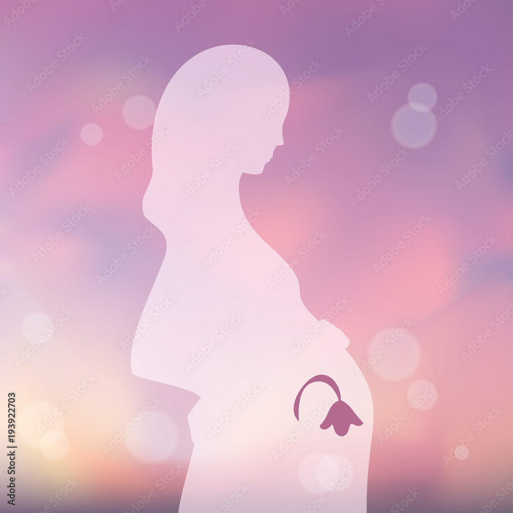 Pink silhouette of pregnant woman, pink blurred background. Pregnancy problem. Missed abortion. Illustration for web or typography magazine, brochure, flyer, poster .