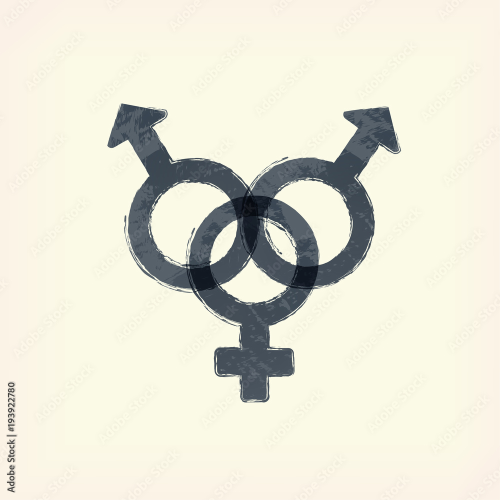 Gray sex two men and one woman, male, female crossing signs icon, symbol , pale yellow background. Painted design element picture