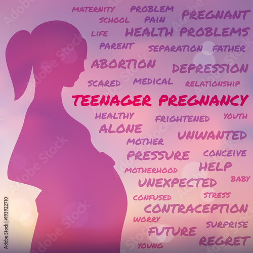 Teenager pregnancy, pink silhouette. Word cloud collage . Colorful words, pink blurred background. Illustration for web or typography magazine, brochure, flyer, poster , EPS 10.