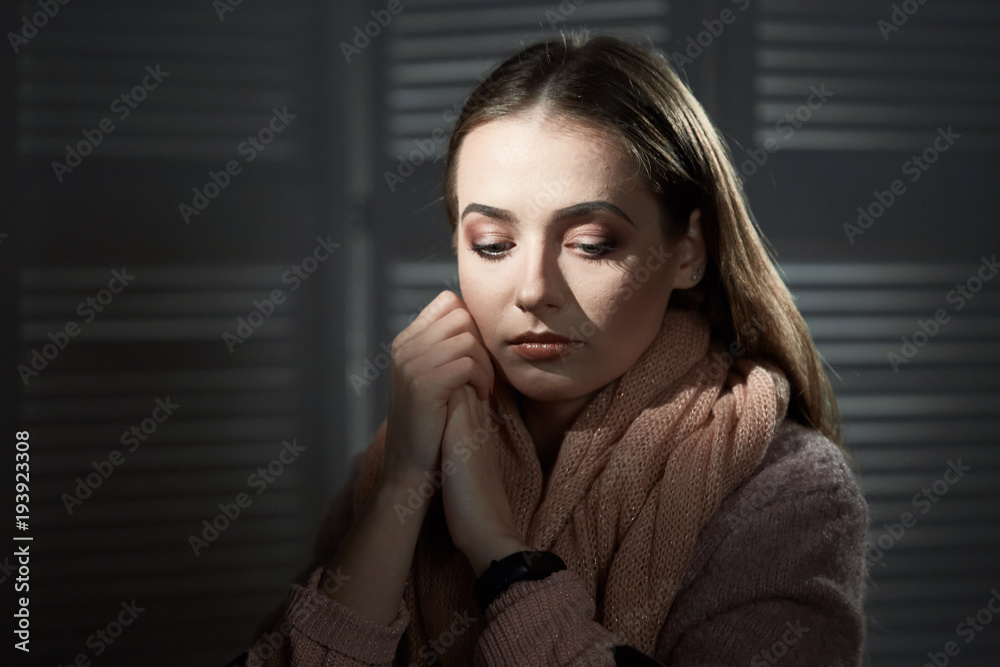 close-up portrait of beautiful girl in studio on black background. close-up portrait of beautiful girl in studio on black background.