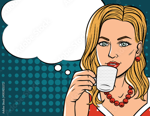 Vector illustration in comic art style of  pretty woman with cup of coffee.  Glamour lady with blonde hair drinking a coffee over halftone dot background
