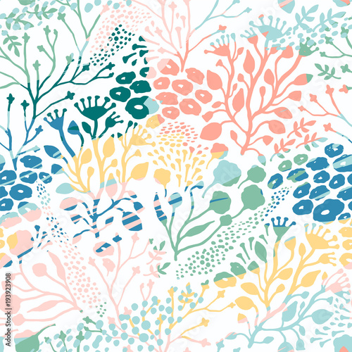 Fototapeta Naklejka Na Ścianę i Meble -  Abstract floral seamless pattern with trendy hand drawn textures.