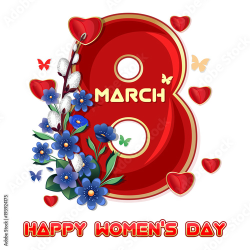 Greeting card template to 8 March Women's Day. Womens Day card. Vector illustration isolated on white background