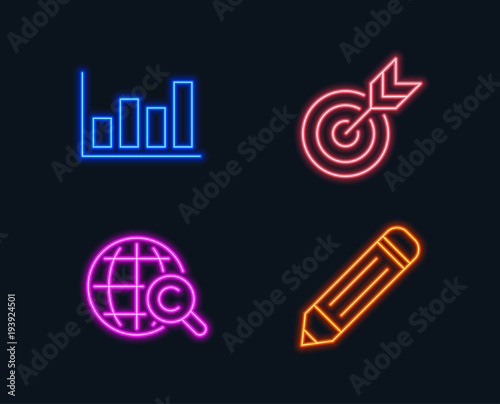 Neon lights. Set of Target, Report diagram and International Copyright icons. Pencil sign. Targeting, Financial market, World copywriting. Edit data. Glowing graphic designs. Vector