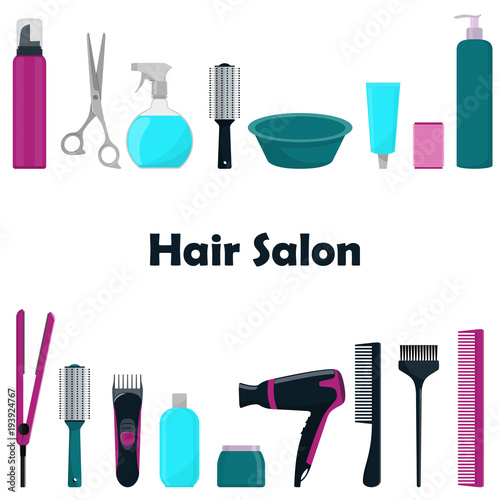 Tools and cosmetic products for hair care. Professional hairdressing tools. A set of elements for a beauty salon. Vector illustration in flat style.