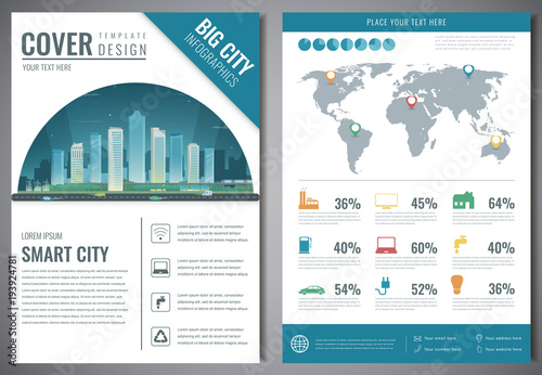 Smart city brochure with infographic elements. Template of magazine, poster, book cover, banner, flyer. Big city life concept. Vector