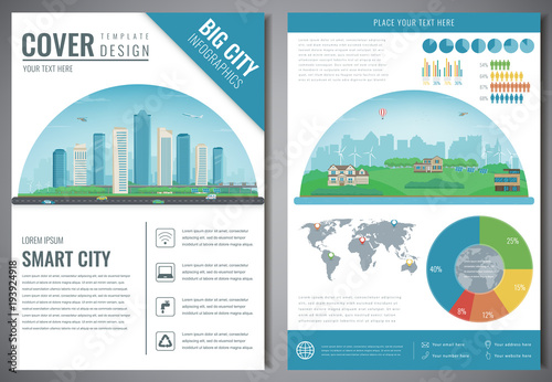 City brochure with urban landscape and suburb. Template of magazine, poster, book cover, banner, flyer. Big city and suburb life. Vector