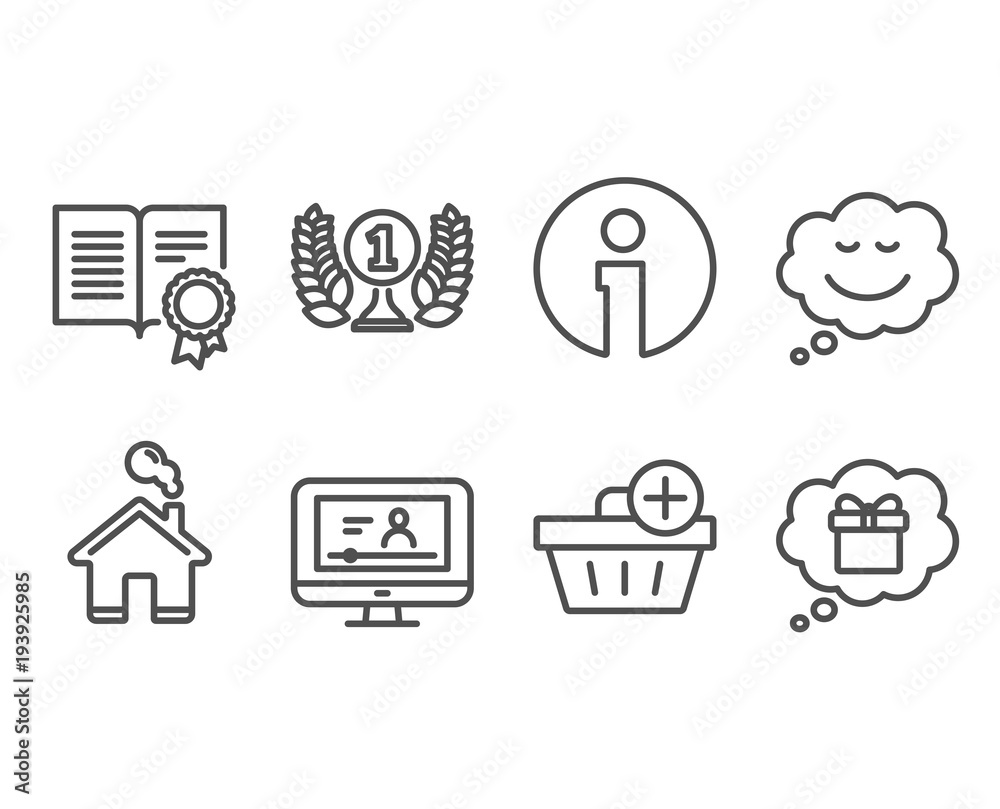Set of Speech bubble, Diploma and Online video icons. Add purchase, Laureate award and Gift dream signs. Comic chat, Document with badge, Video exam. Shopping order, Prize, Receive a gift. Vector Set of Speech bubble, Diploma and Online video icons. Add purchase, Laureate award and Gift dream signs. Comic chat, Document with badge, Video exam. Shopping order, Prize, Receive a gift. Vector