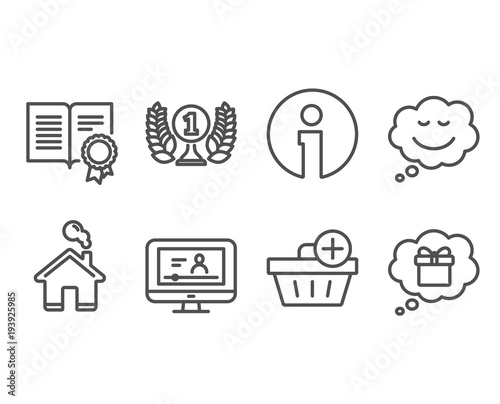 Set of Speech bubble, Diploma and Online video icons. Add purchase, Laureate award and Gift dream signs. Comic chat, Document with badge, Video exam. Shopping order, Prize, Receive a gift. Vector