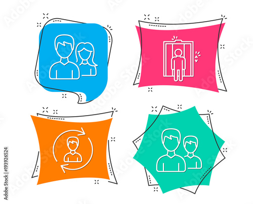 Set of Human resources, Elevator and Teamwork icons. Couple sign. Update profile, Lift, Man with woman. Two male users.  Flat geometric colored tags. Vivid banners. Trendy graphic design. Vector