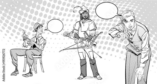 Journalist writes the text. Journalist interviewing Robin Hood. Retro journalist.