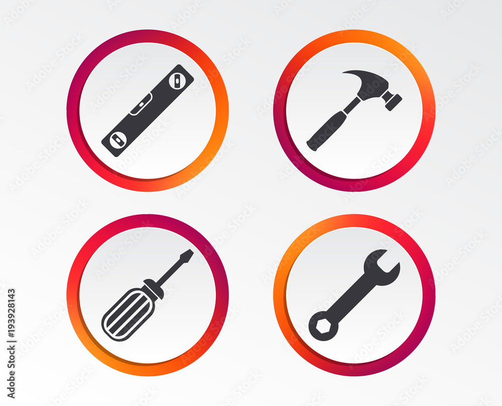 Screwdriver and wrench key tool icons. Bubble level and hammer sign symbols. Infographic design buttons. Circle templates. Vector Screwdriver and wrench key tool icons. Bubble level and hammer sign symbols. Infographic design buttons. Circle templates. Vector