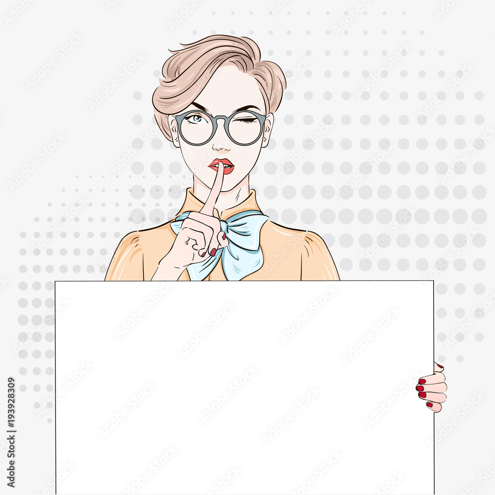 Pop Art Vintage advertising poster comic girl keep a silence and hold ...