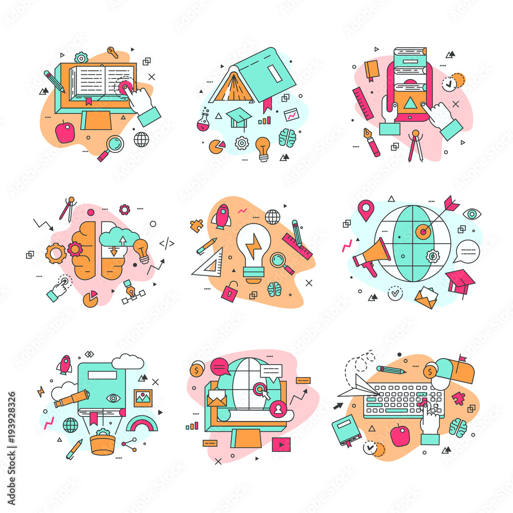 Education icons vector illustration educational and learning symbols of schooling and graduation set of school science books learned by educated students isolated on white background