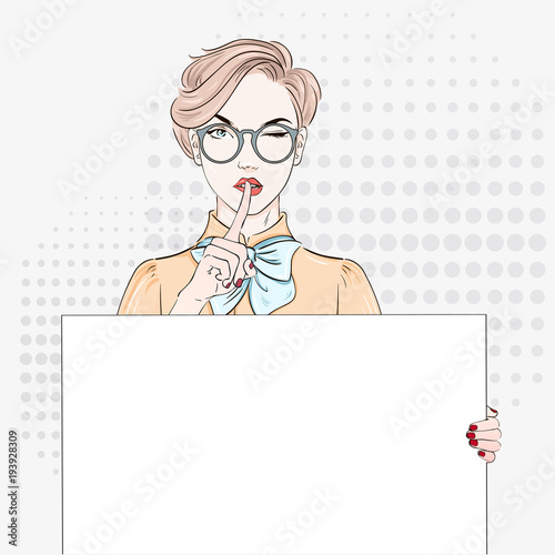 Pop Art Vintage advertising poster comic girl keep a silence and hold white banner. Comic woman with speech bubble. Vector illustration.