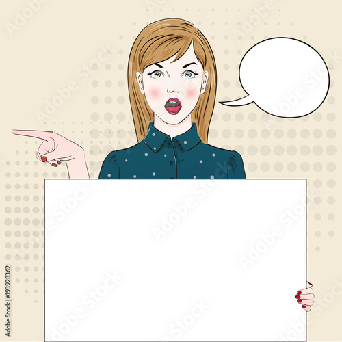 Pop Art Vintage advertising poster comic girl points aside . Comic woman with speech bubble. Vector illustration
