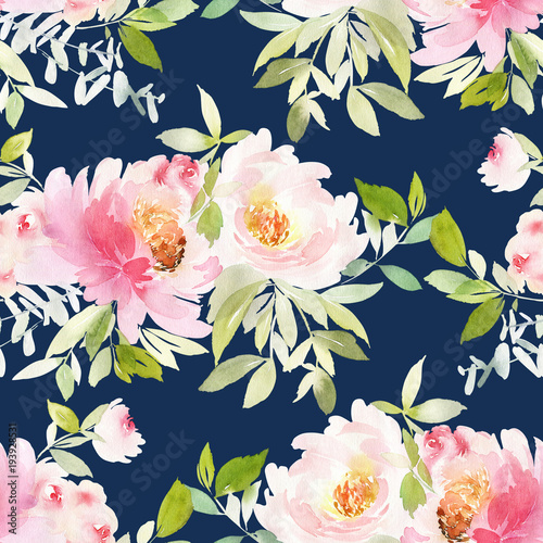 Seamless summer pattern with watercolor flowers handmade.