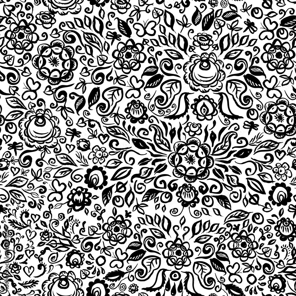 Φωτογραφία seamless pattern folk art floral ornament on white background Vintage elegant wedding invitation with summer ethnic flowers Black isolated on white background