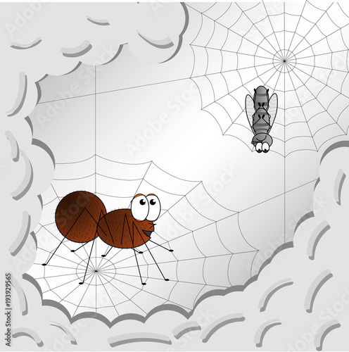 Vector image of a child illustration of a drawing of a spider and a fly in a web. Flat, gradient
