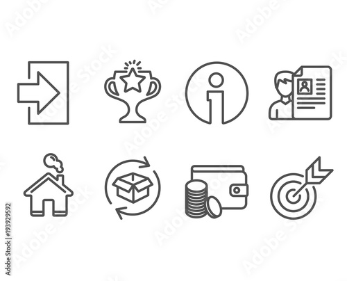 Set of Job interview, Return parcel and Login icons. Payment method, Victory and Target signs. Cv file, Exchange of goods, Sign in. Wallet with coins, Championship prize, Targeting. Vector