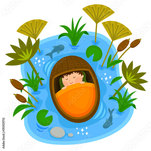Fototapete Biblical scene of baby Moses sleeping peacefully in the ark while floating on th