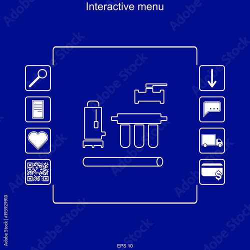 Vector image of the interactive menu for purchasing water supply and cleaning systems in the multifunction menu with the ability to search, deliver and pay for goods.
