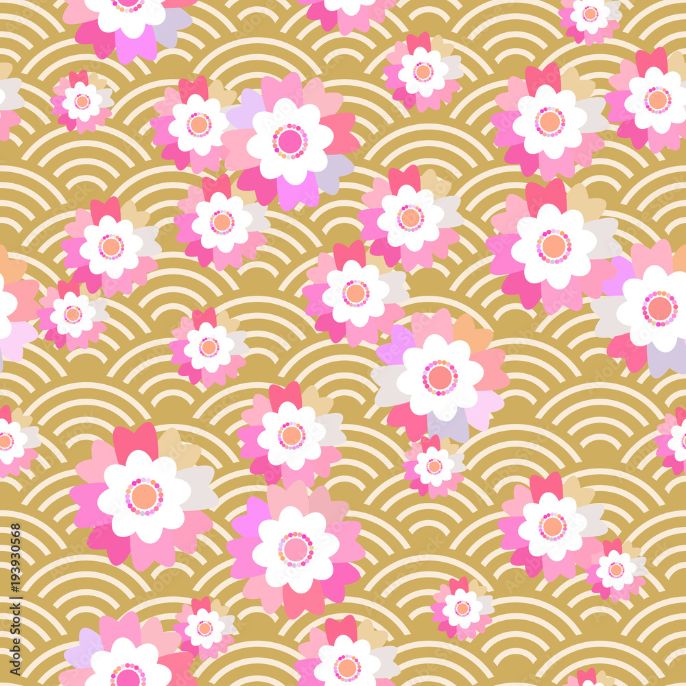 Sakura flowers seamless pattern Nature background with blossom pink flowers. brown japanese wave circle pattern pastel colors on mustard yellow background. Vector