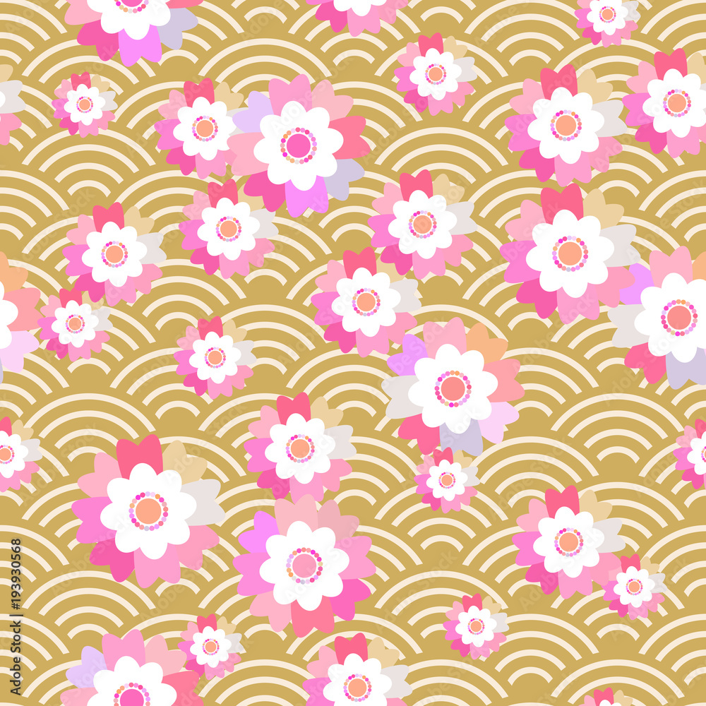 Obraz premium Sakura flowers seamless pattern Nature background with blossom pink flowers. brown japanese wave circle pattern pastel colors on mustard yellow background. Vector