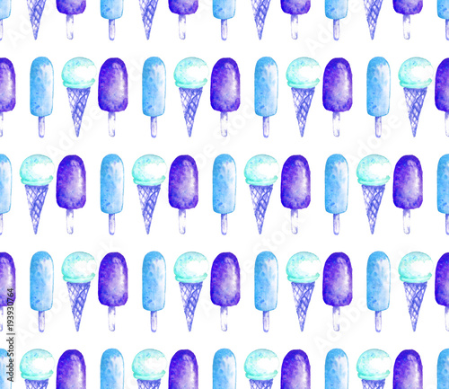 Hand drawn seamless pattern with ice-cream. Sweet summer print for notebook cover, posters, postcards, banners. Watercolor background with different types of ice cream for cafe or restaurant menu.