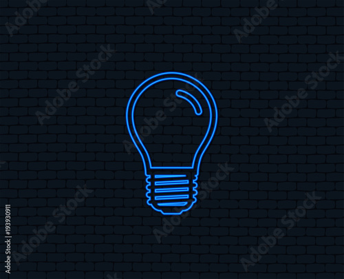 Neon light. Light bulb icon. Lamp E27 screw socket symbol. Led light sign. Glowing graphic design. Brick wall. Vector