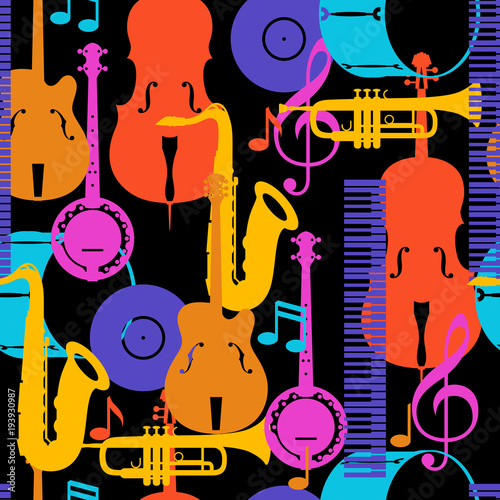 Jazz music seamless pattern with musical instruments