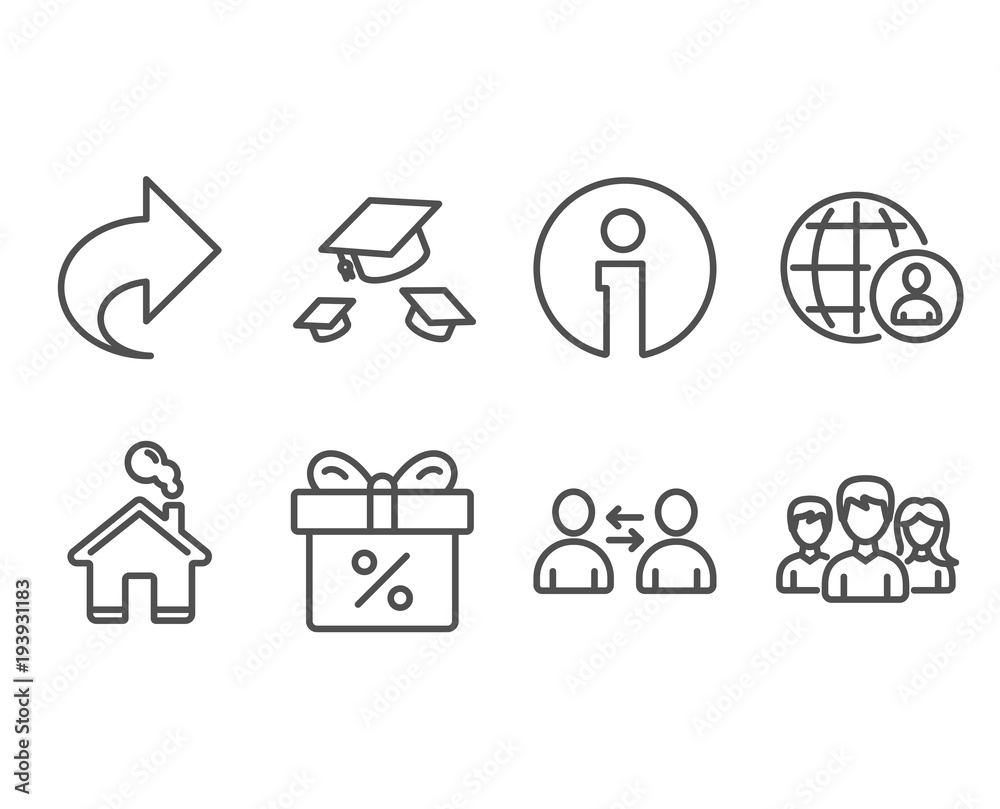 Set of International recruitment, Throw hats and Discount offer icons. Communication, Share and Teamwork signs. World business, College graduation, Gift box. Users talking, Link, Group of users Set of International recruitment, Throw hats and Discount offer icons. Communication, Share and Teamwork signs. World business, College graduation, Gift box. Users talking, Link, Group of users