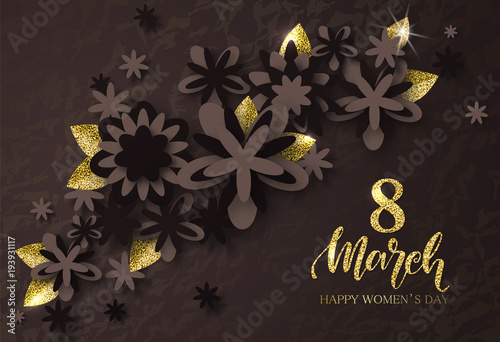 8 March Happy Womens Day - banner. Beautiful Background with flowers and gold leaves. Vector Illustration.