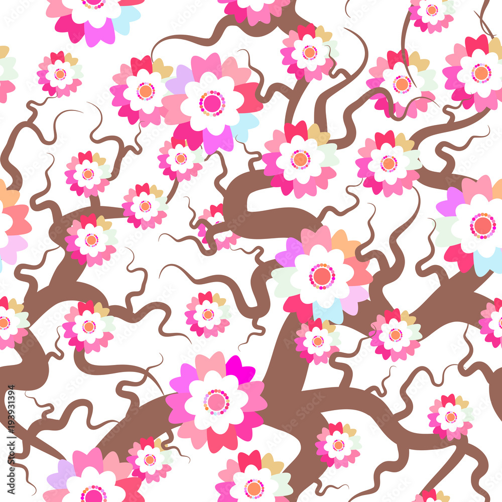 Sakura seamless pattern Nature background with blossom branch of pink flowers. Cherry tree brown branches japanese pattern pastel colors on white background. Textile print, web page fill. Vector