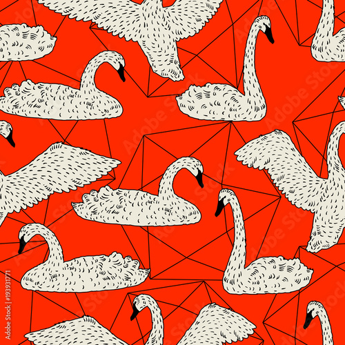 Seamless pattern with floating white swans. Hand drawn birds