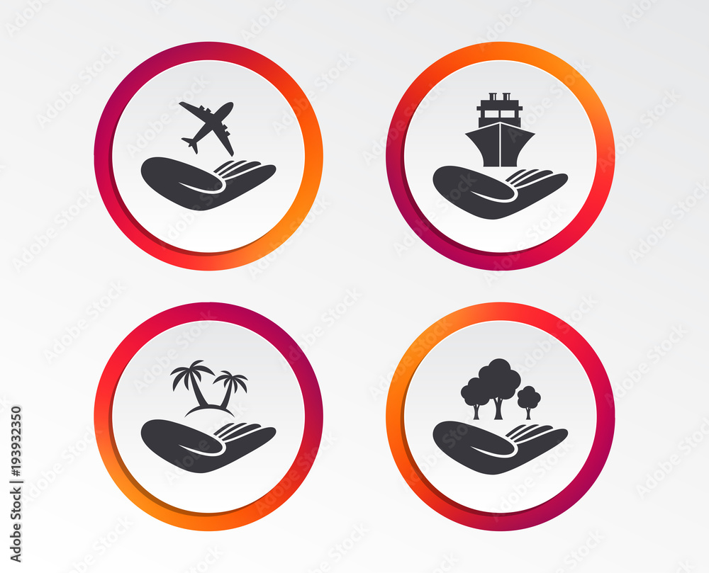 Helping hands icons. Travel flight or shipping insurance symbol. Palm tree sign. Save nature forest. Infographic design buttons. Circle templates. Vector