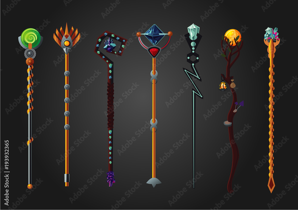 Magic wand set. Fantasy staff collection. Cartoon style, game design  concept. Stock Vector | Adobe Stock