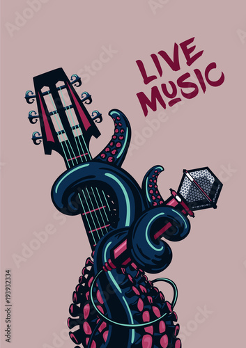 Octopus musician. Live music. Rock poster with a guitar, microphone and tentacles.