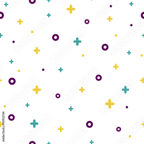 Geometric memphis vintage seamless pattern 80s - 90s style. Modern retro texture with rare color funky shapes on white background. Vector illustration in memphis pop art style for modern graphic