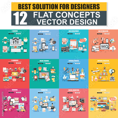 Modern set of flat concept web banner of E-Banking, App Development, SEO, E-Commerce, Education, Branding, Marketing, Shopping. Conceptual vector illustration for web and graphic design, website.