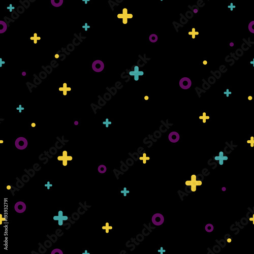 Stylish 1980s abstract memphis seamless pattern. Modern space texture with rare color funky shapes on black background. Vector illustration in memphis pop art style for fashion fabric print or booklet